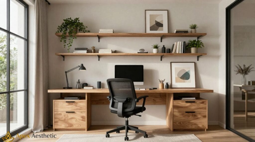 Completed modern home office with ergonomic furniture, organized storage, natural lighting, and minimalist decor.