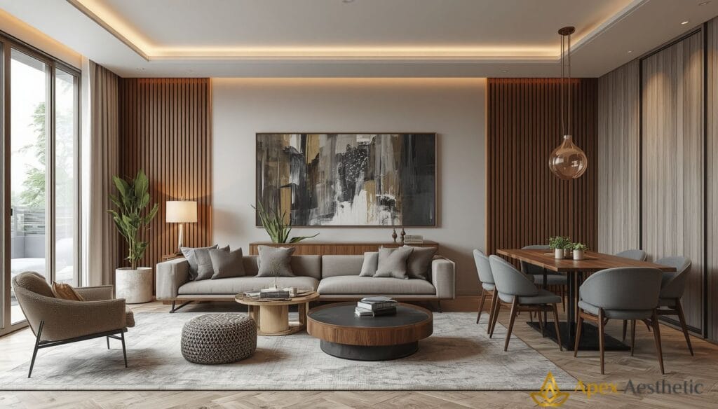 Completed luxury apartment interior with modern furniture, natural light, and minimalist decor.