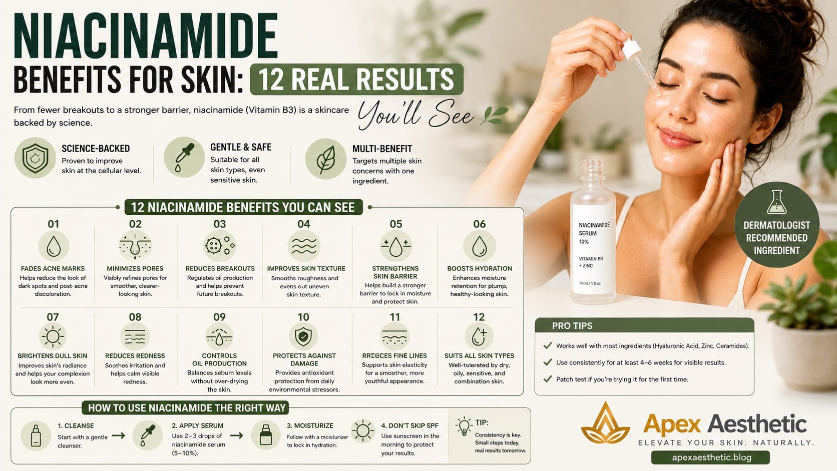 Niacinamide benefits for skin showing brighter, smoother, hydrated skin with a Vitamin B3 serum routine.