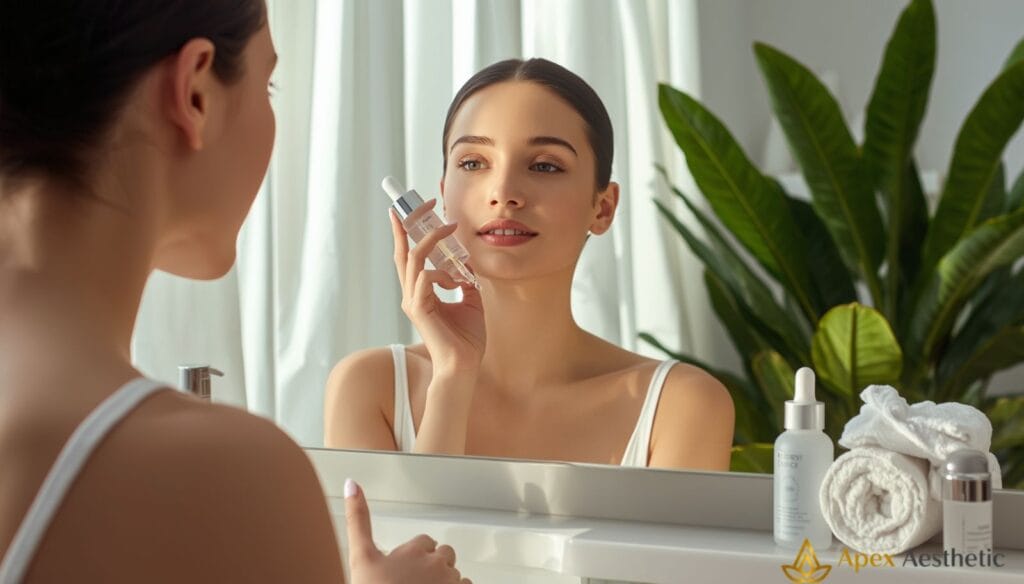Niacinamide skincare routine showing healthy skin, Vitamin B3 serum, dermatologist-inspired skincare products, and daily skin barrier care for brighter, healthier-looking skin.