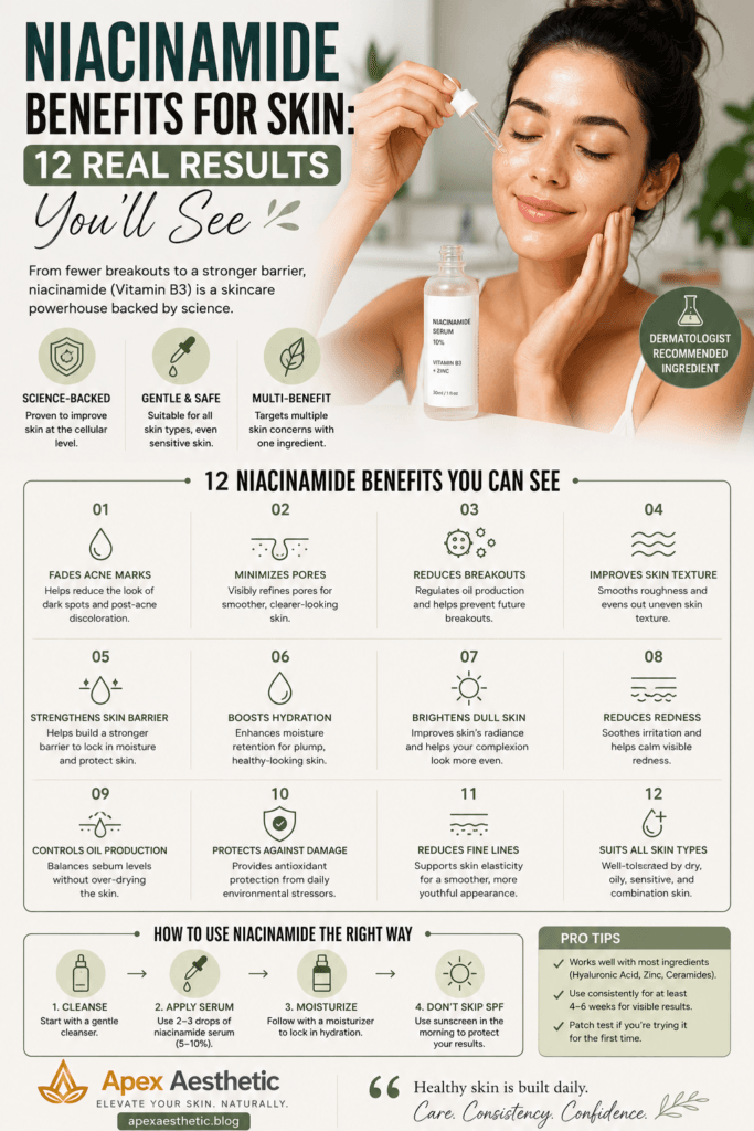 Niacinamide benefits for skin showing brighter, smoother, hydrated skin with a Vitamin B3 serum routine.