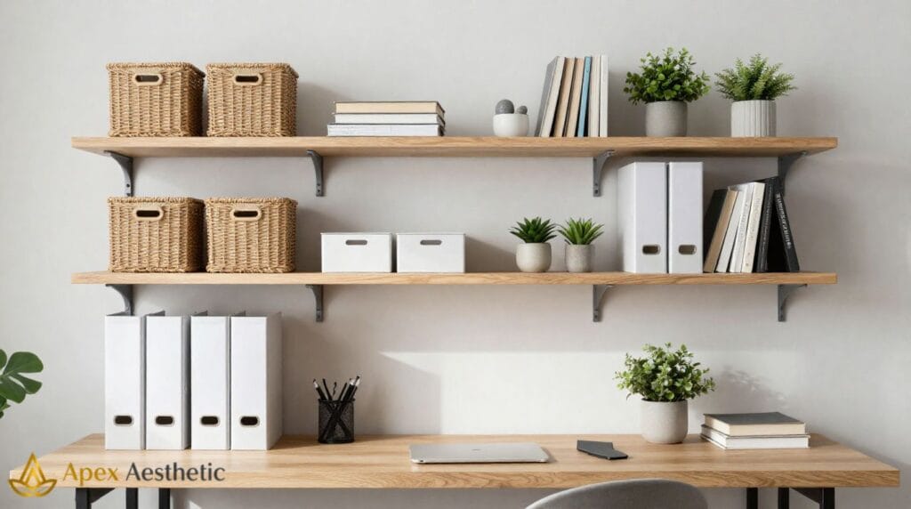 Organised home office with floating shelves, storage baskets, books, and minimalist workspace organization.