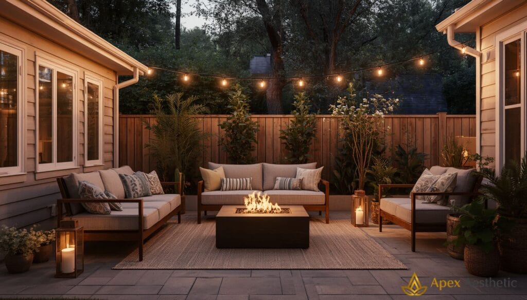 Cozy patio makeover with string lights and comfortable outdoor seating.