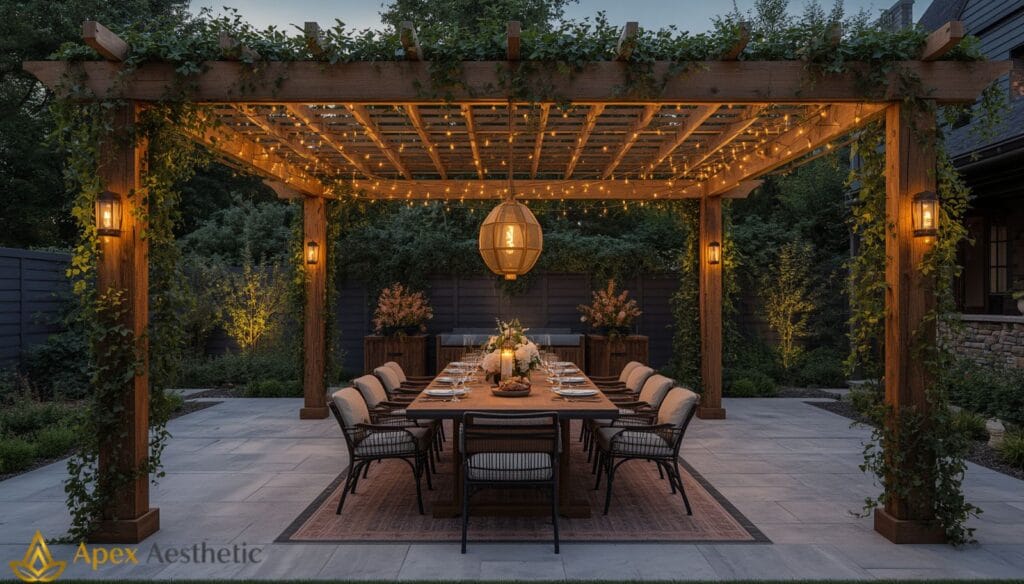 Outdoor dining space with a pergola, string lights, and landscaped garden surroundings.