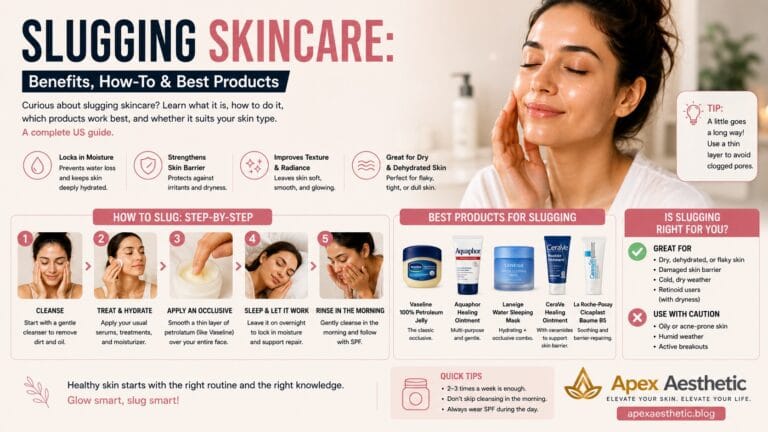 Slugging skincare guide showing overnight moisturizing routine, skin barrier repair, and the best products for glowing skin.