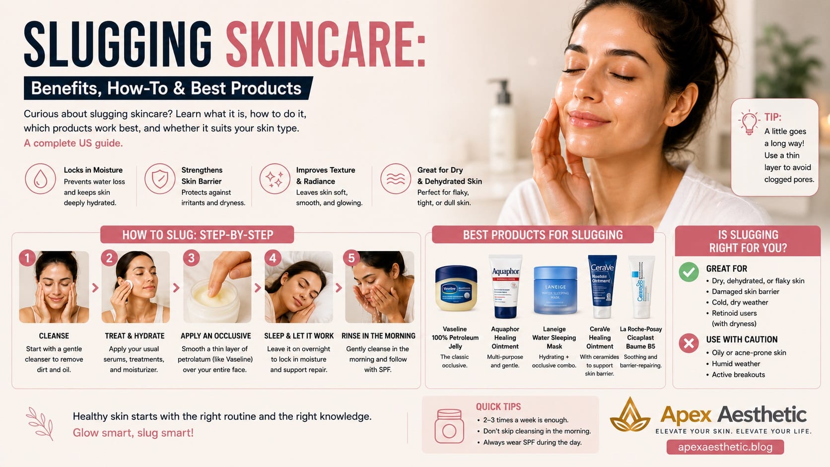 Slugging skincare guide showing overnight moisturizing routine, skin barrier repair, and the best products for glowing skin.