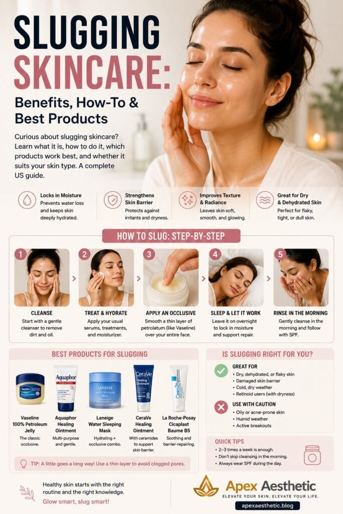 Slugging skincare routine with occlusive moisturizer, hydrated skin, and top products for dry skin care.