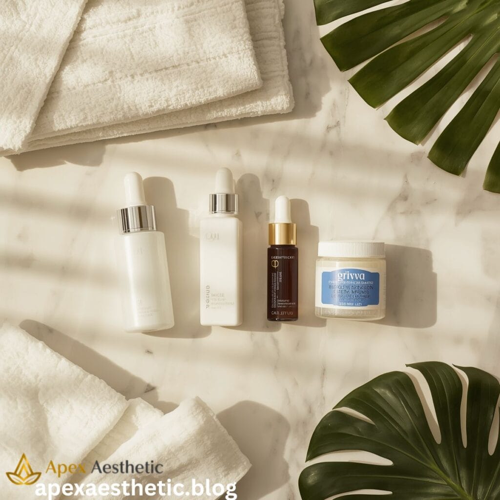 Nighttime skincare products arranged in the correct order for slugging.