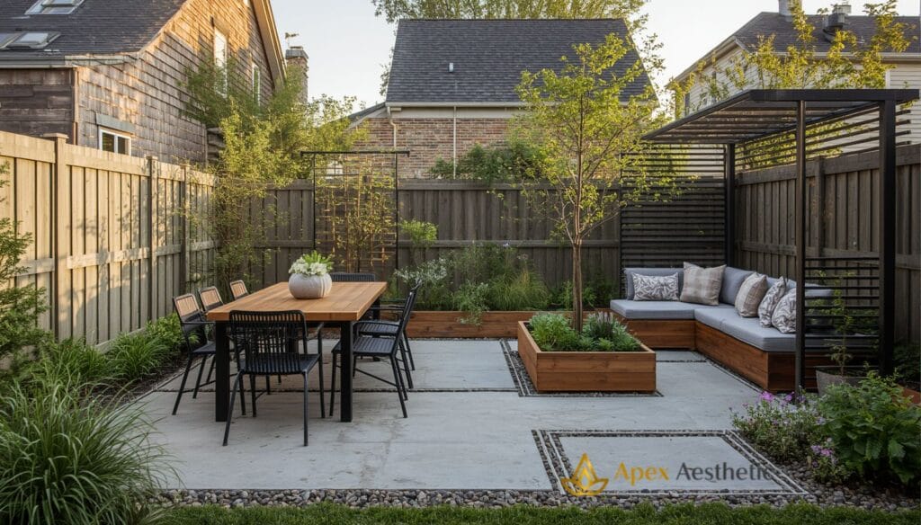 Small backyard organized into dining, gardening, and relaxation zones with native plants.