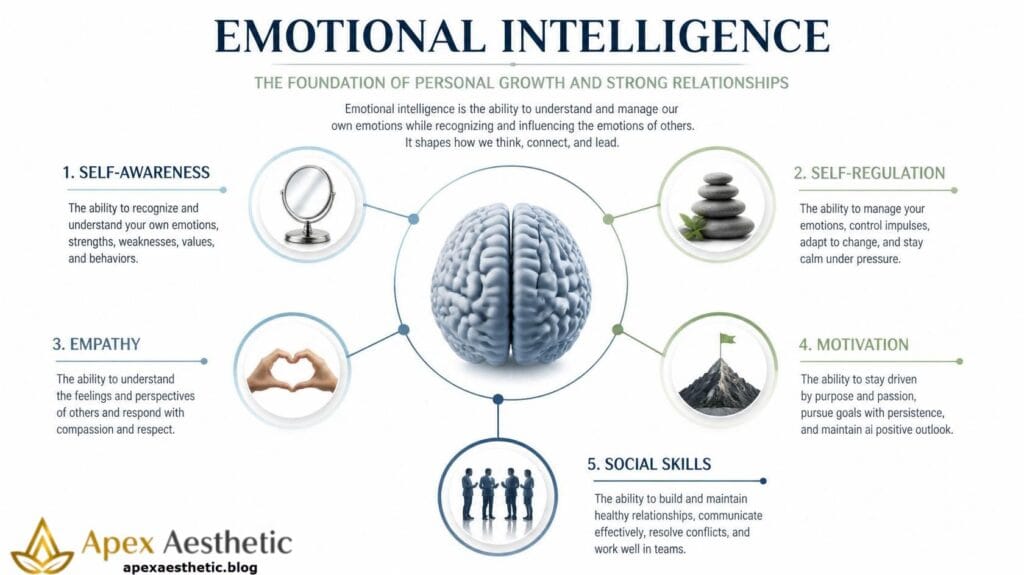 Educational diagram explaining the core components of emotional intelligence including self-awareness, empathy, motivation, and social skills.