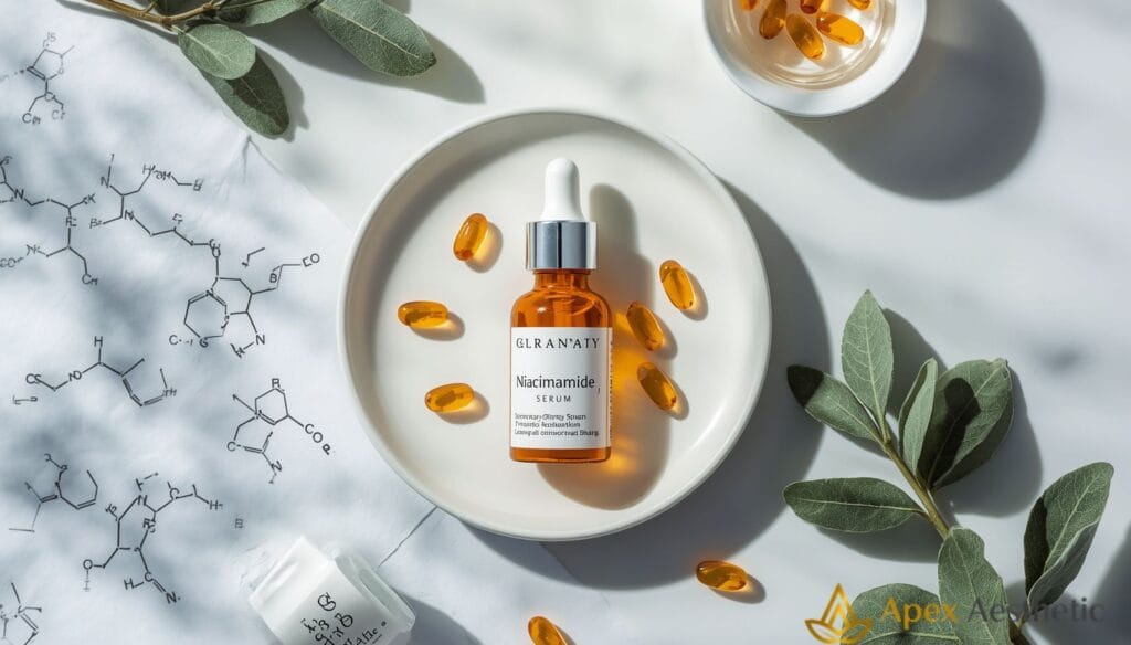 Niacinamide skincare routine showing healthy skin, Vitamin B3 serum, dermatologist-inspired skincare products, and daily skin barrier care for brighter, healthier-looking skin.